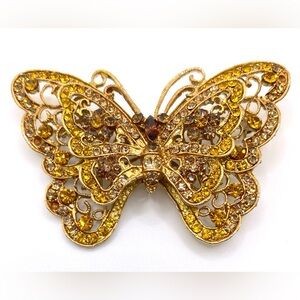 VINTAGE BUTTERFLY Textured Gold Tone Metal Amber/Orange Color‎ Rhinestones